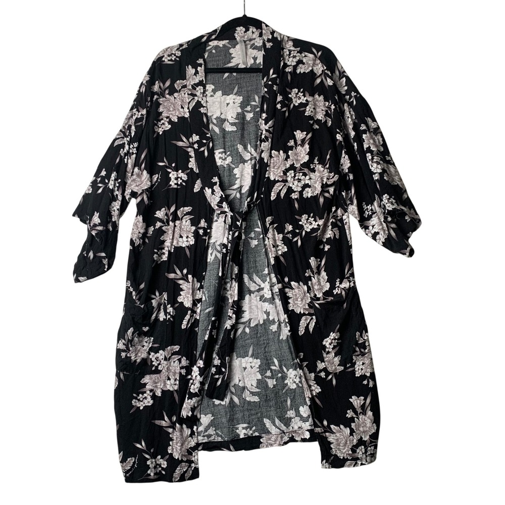 Spiritual Gangster Floral Kimono Robe Black White OS Rayon Duster Cardigan Tie